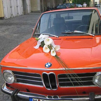 Oranger BMW-Oldtimer mit weißem Blumenschmuck auf der Motorhaube